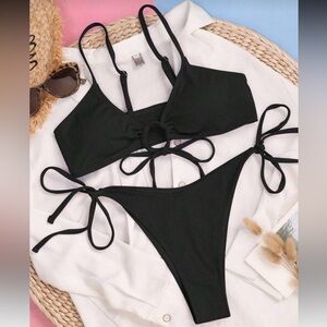 Women’s Black Ribbed Drawstring Bikini Set Size Small